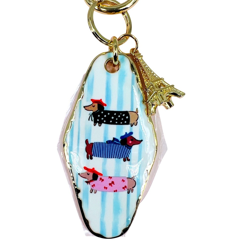 Piper K Dachshund Bag Charm Keychain Eiffel Tower Paris Theme Gold Tone NWT - Picture 2 of 4